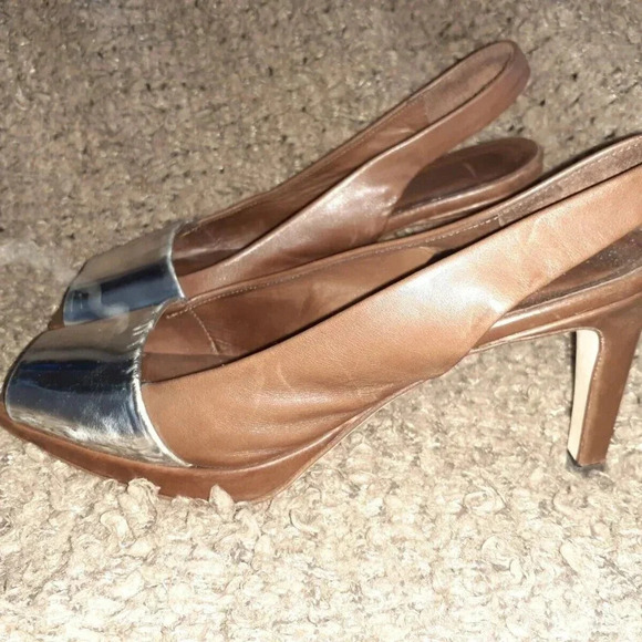 LA CANADIENNE-Brown/Silver Slingback Peep-Toe Heels-Size 36-Excellent Condition - Picture 2 of 7